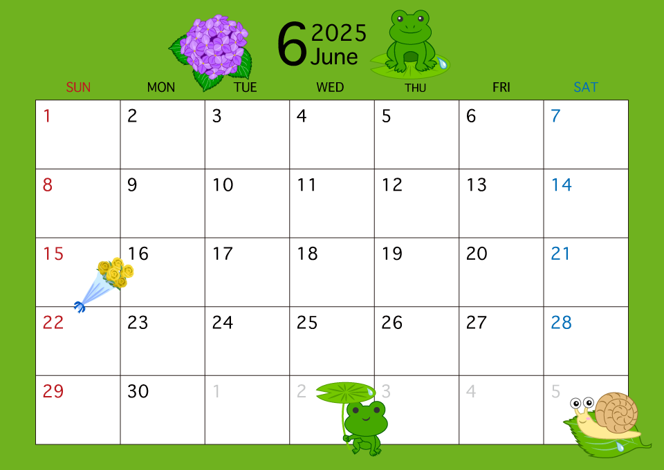 2025年6月カレンダー（梅雨）