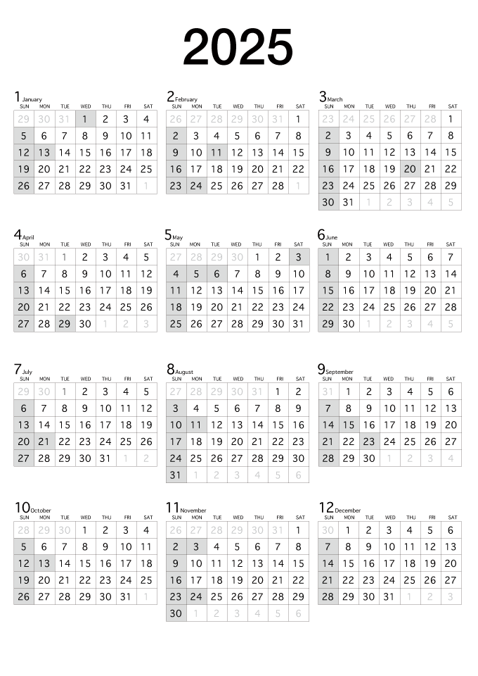 縦向きの2025年白黒カレンダー