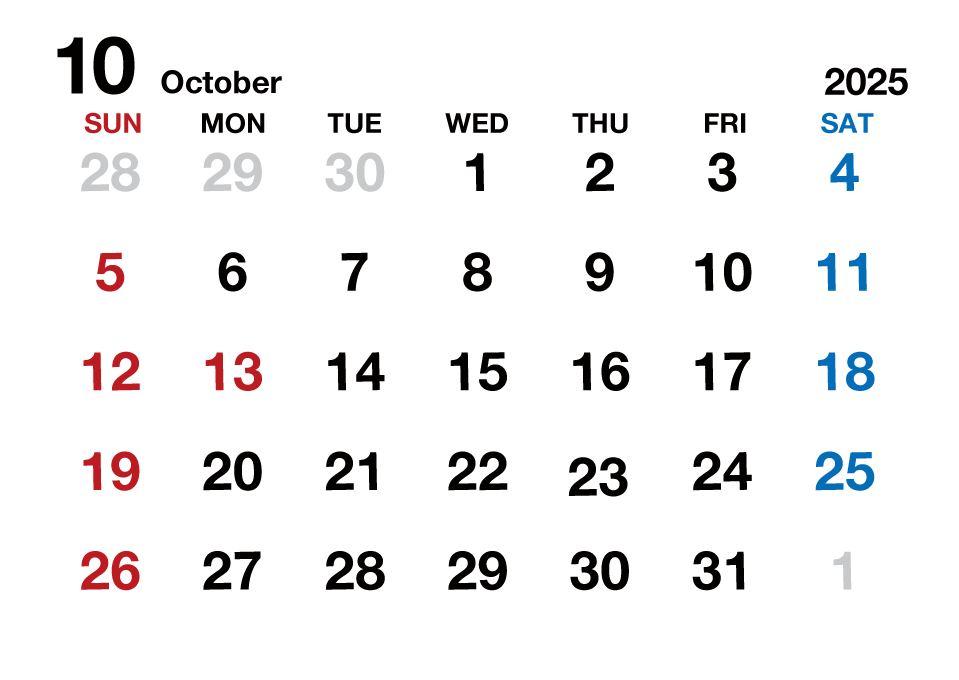 2025年10月カレンダー（文字大枠無）