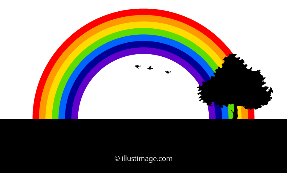 小鳥が飛ぶ虹の風景シルエット