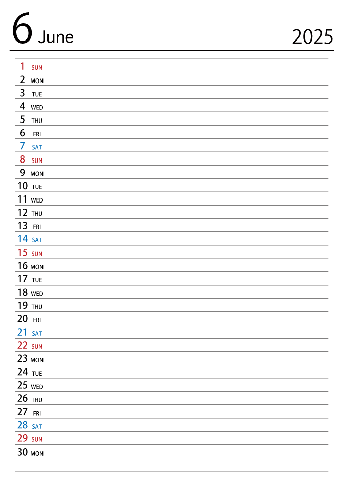 2025年6月スケジュールカレンダー
