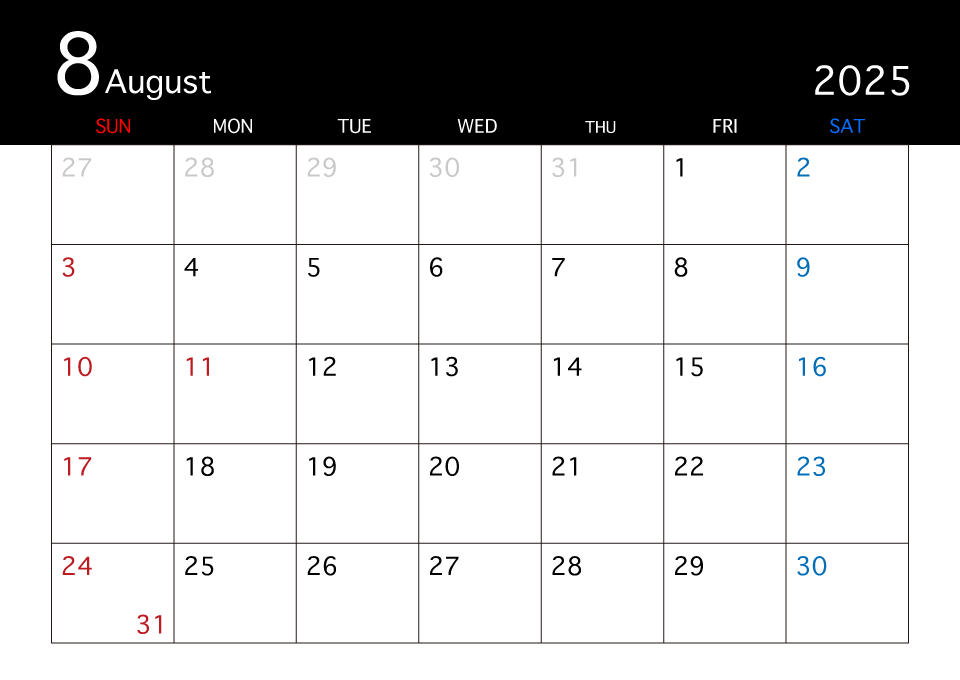 2025年8月の黒カレンダー