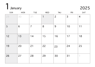 2025年1月カレンダー（白黒）