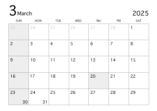2025年3月カレンダー（白黒）