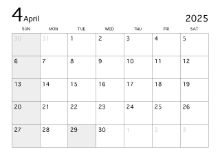 2025年4月カレンダー（白黒）