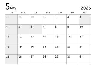 2025年5月カレンダー（白黒）