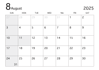 2025年8月カレンダー（白黒）