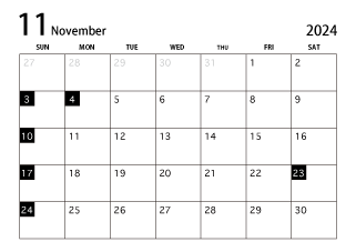 2024年11月カレンダー（白黒）