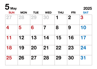 2025年5月カレンダー（文字大）