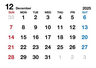 2025年12月カレンダー（文字大枠無）
