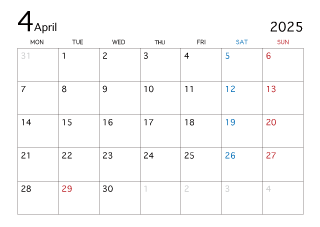 2025年4月カレンダー（月曜始まり）
