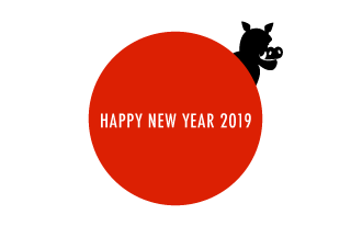 日本の日の丸と猪キャラクターの年賀状