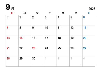 2025年9月カレンダー（日本語）