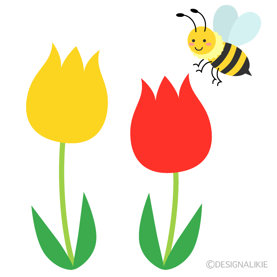 可愛いハチとチューリップイラストのフリー素材 イラストイメージ