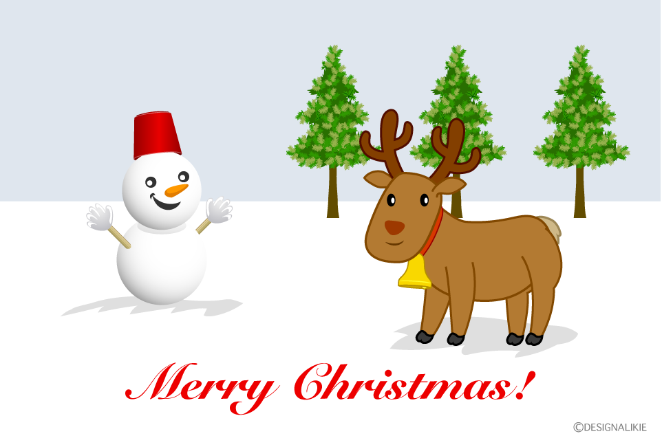 トナカイと雪だるまのクリスマスカードイラストのフリー素材 イラストイメージ
