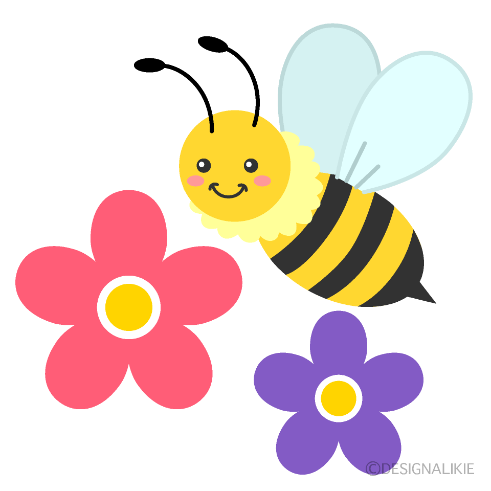 かわいいミツバチと野花の無料イラスト素材 イラストイメージ