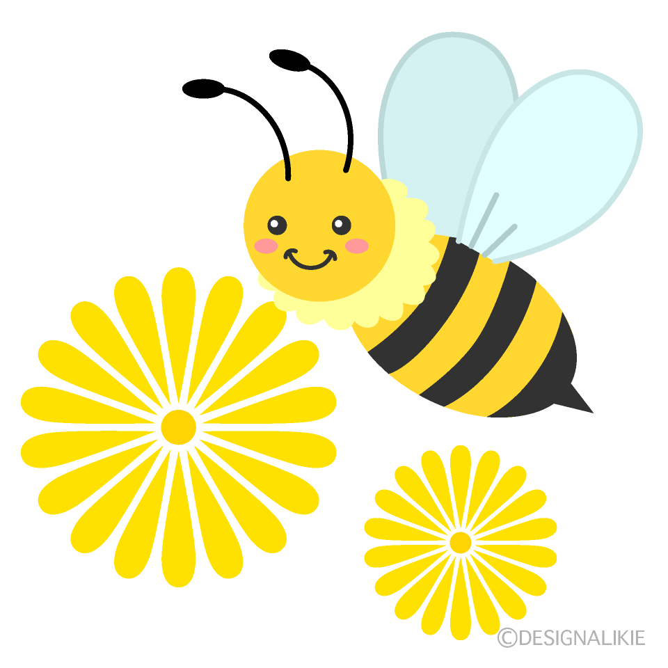 かわいいミツバチとタンポポの花の無料イラスト素材 イラストイメージ