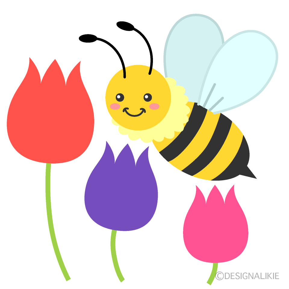 かわいいミツバチとチューリップの花イラストのフリー素材 イラストイメージ