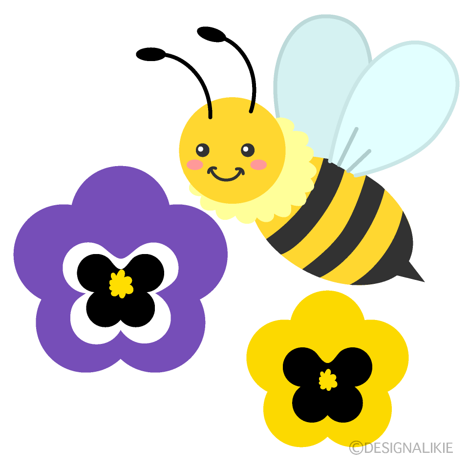 かわいいミツバチとパンジーの花の無料イラスト素材 イラストイメージ