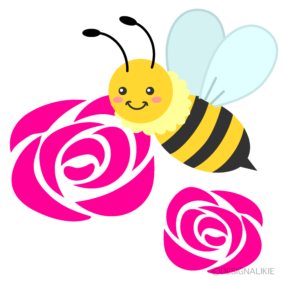 かわいいミツバチとバラの花イラストのフリー素材 イラストイメージ