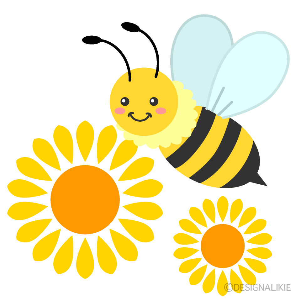 かわいいミツバチとヒマワリの花イラストのフリー素材 イラストイメージ