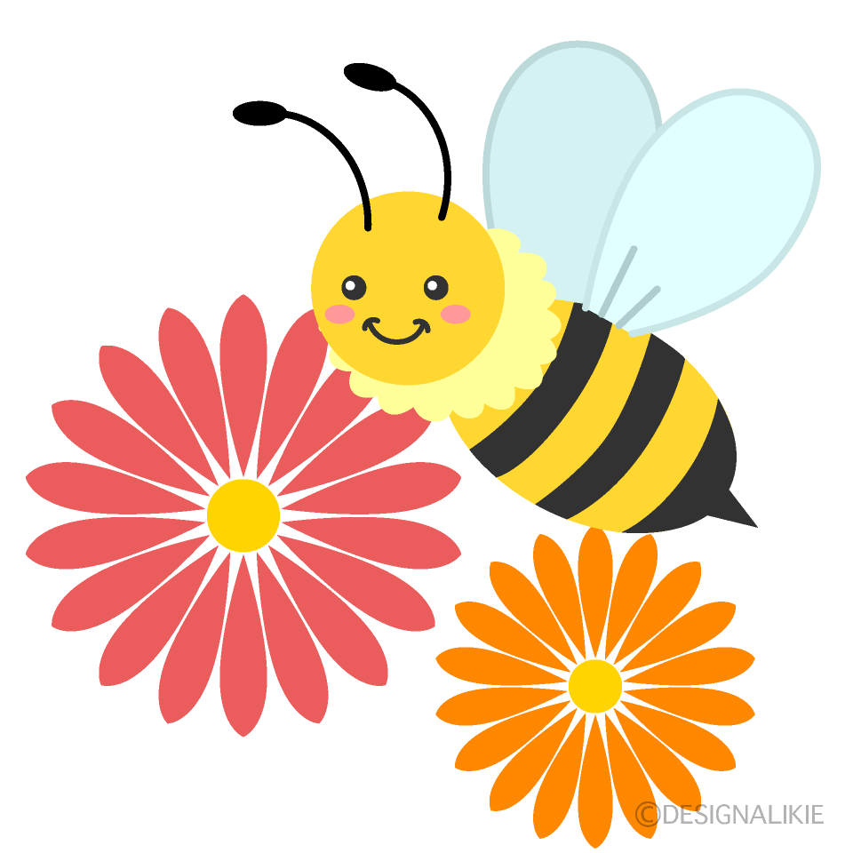 かわいいミツバチとガーベラの花イラストのフリー素材 イラストイメージ
