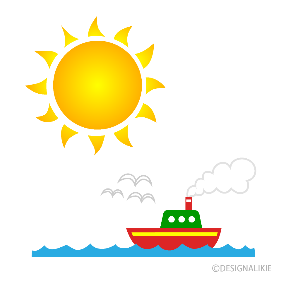 太陽と海の船イラストのフリー素材 イラストイメージ