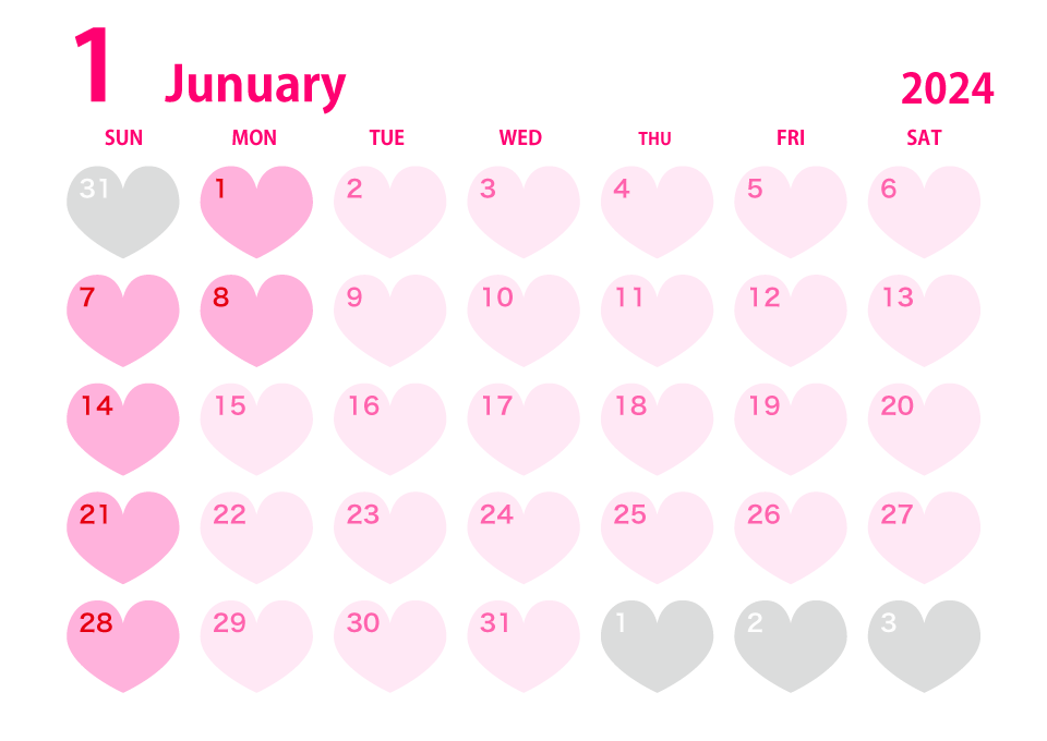 2020年1月のハートカレンダーの無料イラスト素材 イラストイメージ