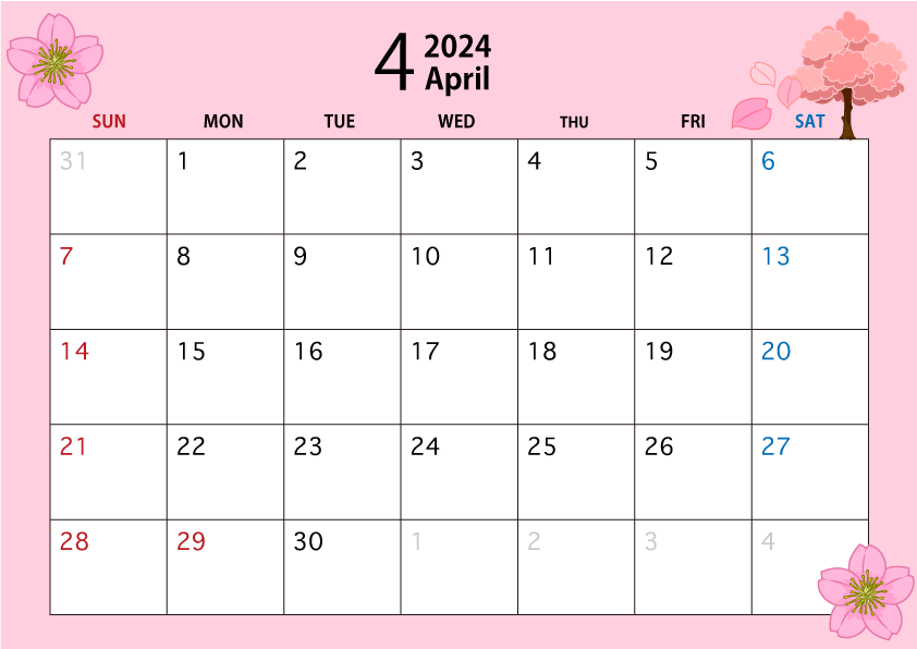 24年4月のカレンダー 桜 イラストのフリー素材 イラストイメージ