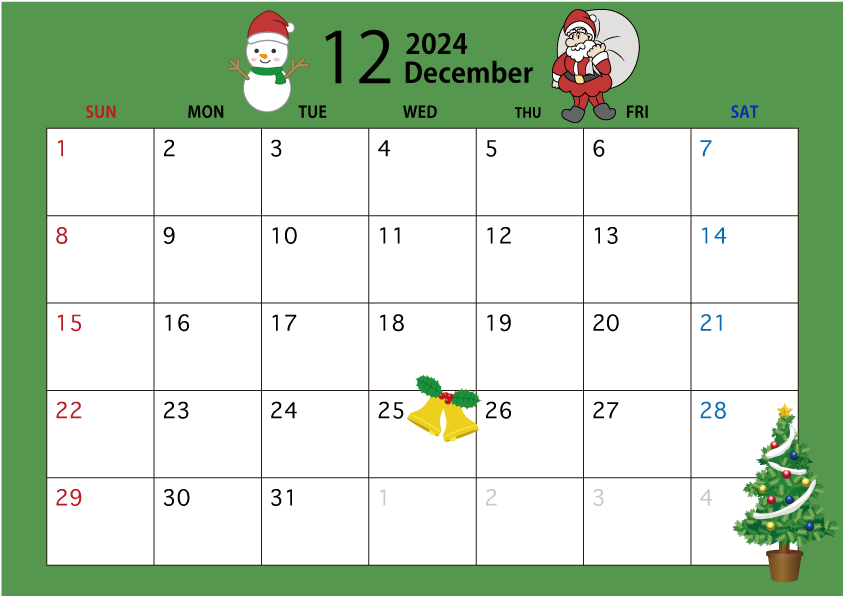 2022年12月のカレンダー（クリスマス）
