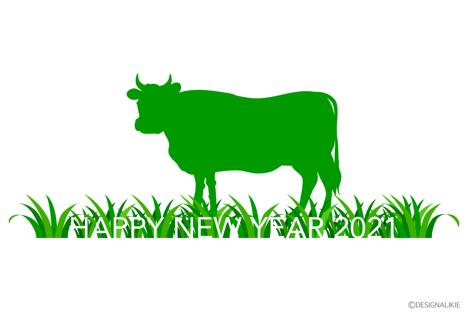 緑色牛シルエットの年賀状イラストのフリー素材 イラストイメージ