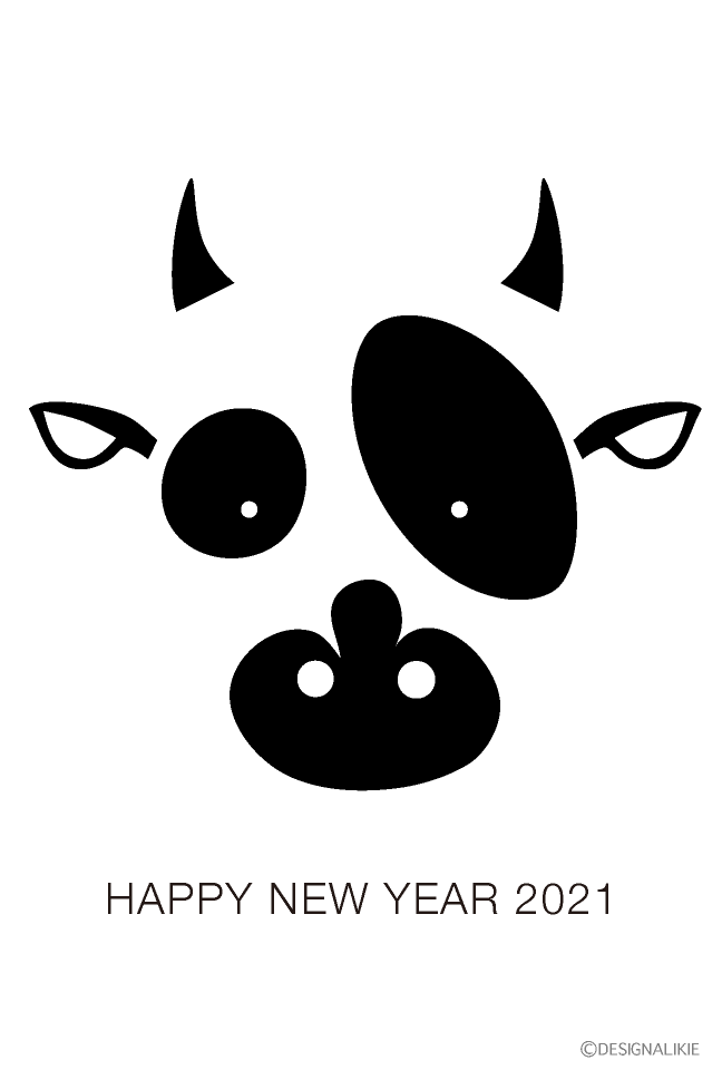 白黒牛顔の年賀状の無料イラスト素材 イラストイメージ