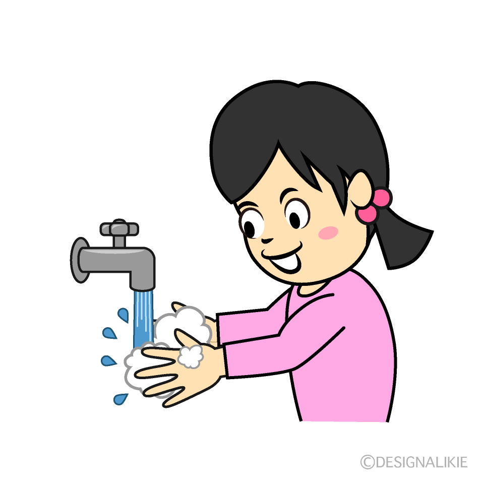 水道で手洗いする女の子イラストのフリー素材 イラストイメージ