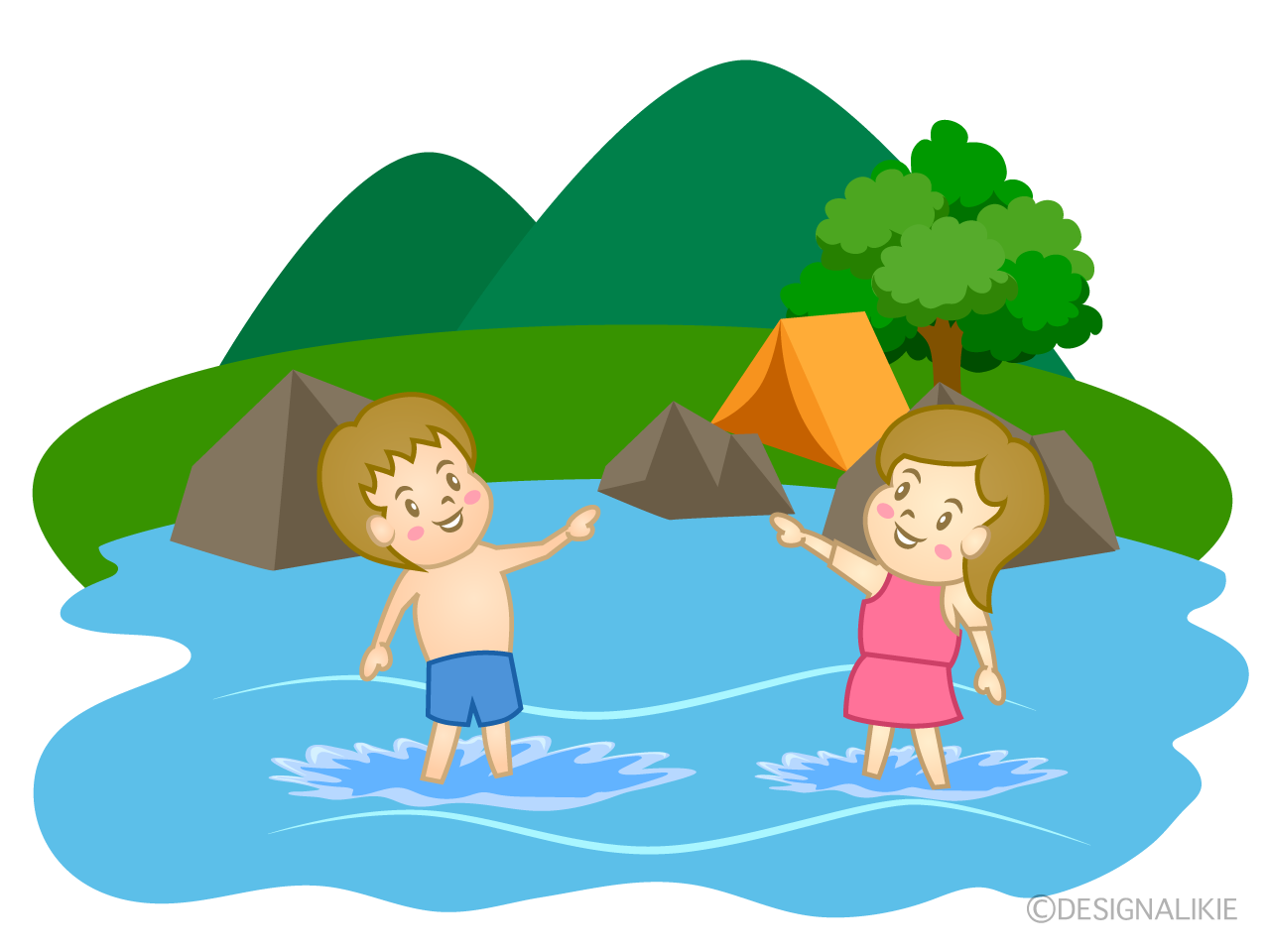 キャンプで水遊びイラストのフリー素材 イラストイメージ