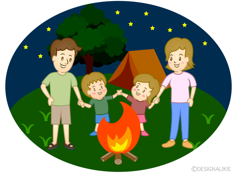 家族でキャンプファイヤーイラストのフリー素材 イラストイメージ