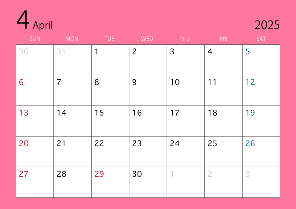 2023年4月カレンダー（カラー）
