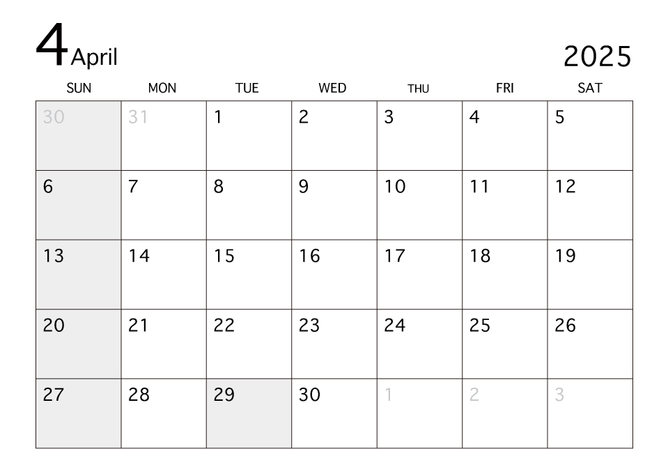 2023年4月カレンダー（白黒）