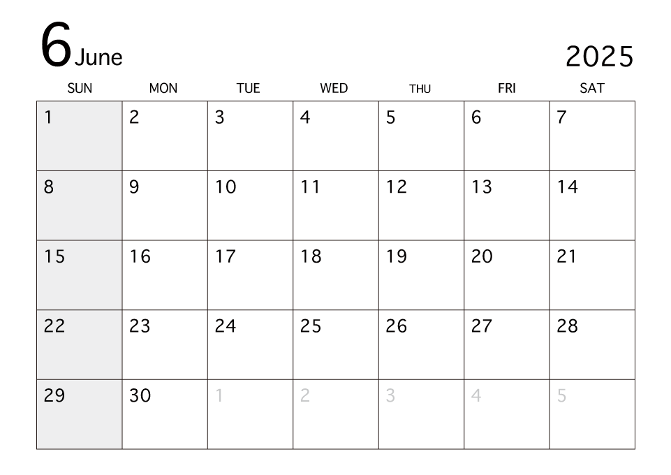 2025年6月カレンダー（白黒）