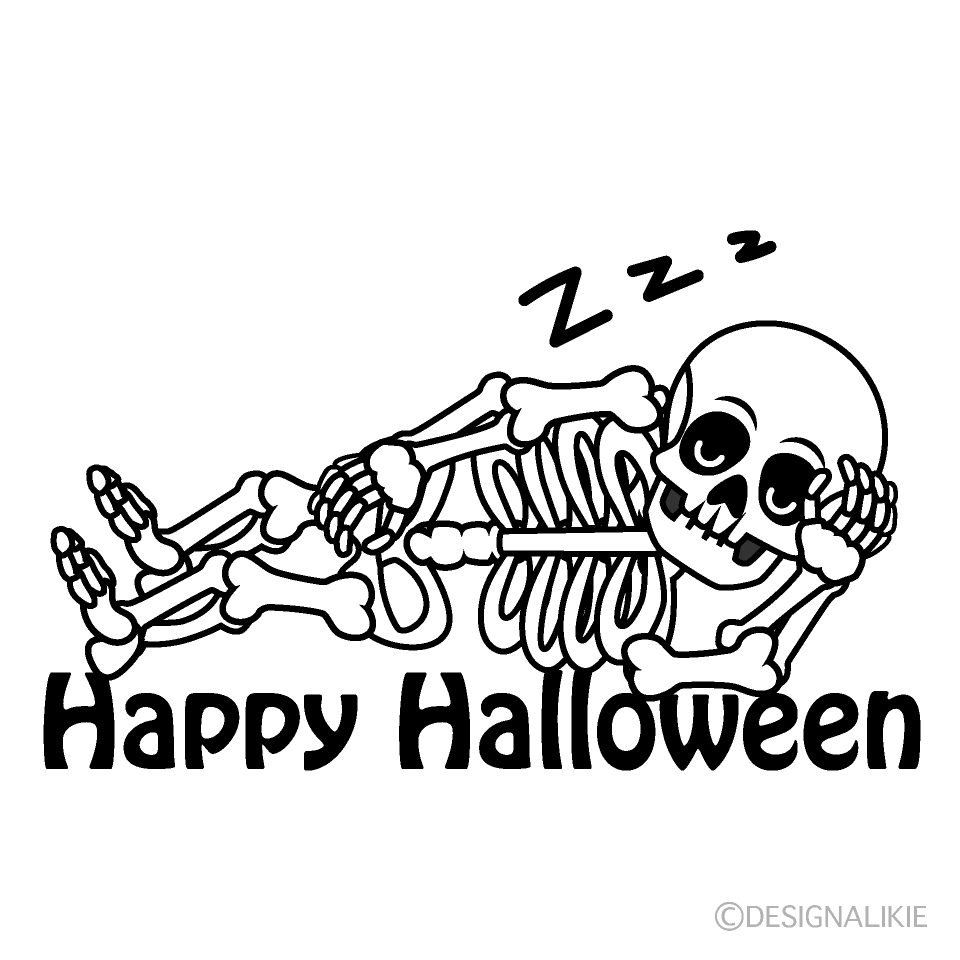 寝る骸骨とハッピーハロウィンの無料イラスト素材 イラストイメージ