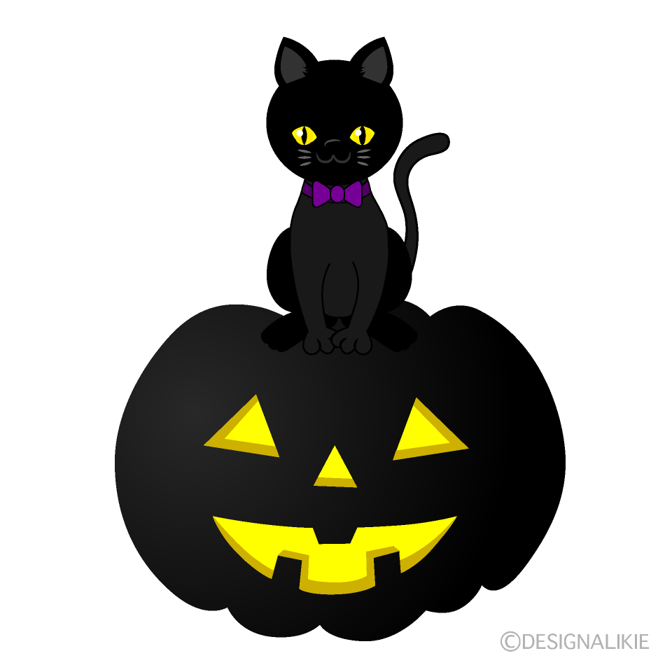 夜のハロウィンの黒猫イラストのフリー素材 イラストイメージ
