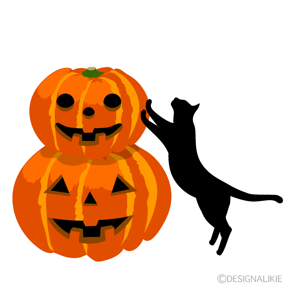 ハロウィンカボチャと黒猫シルエットの無料イラスト素材 イラストイメージ