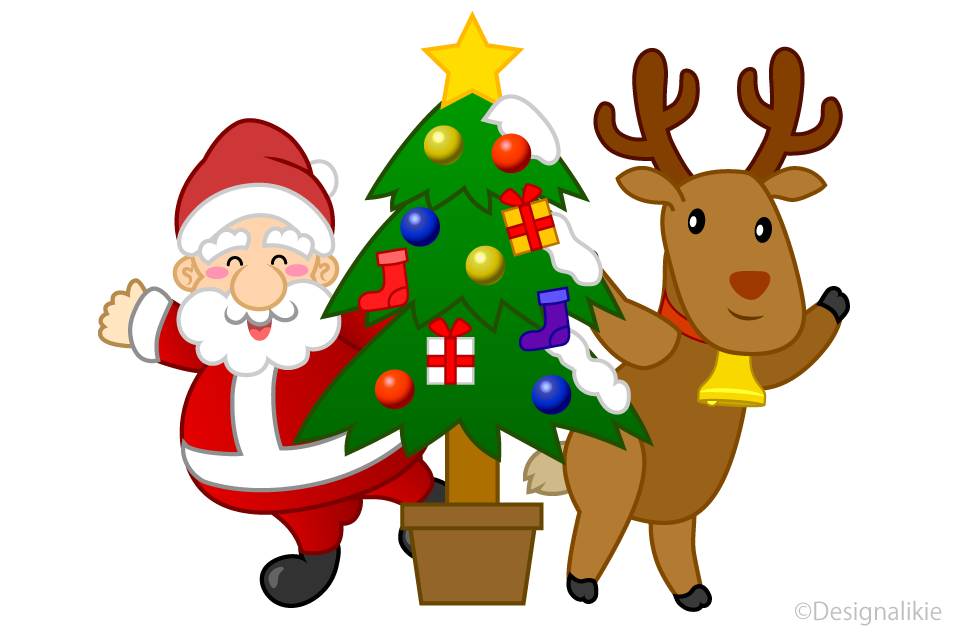 クリスマスツリーのサンタとトナカイイラストのフリー素材 イラストイメージ