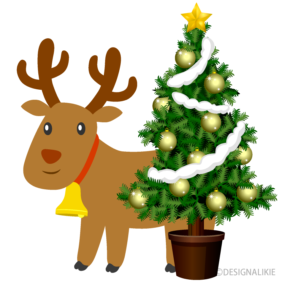 トナカイとクリスマスツリーイラストのフリー素材 イラストイメージ