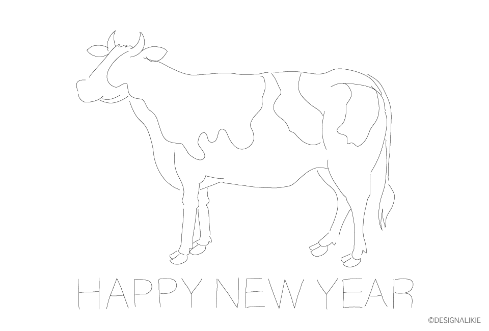 線画牛の年賀状の無料イラスト素材 イラストイメージ
