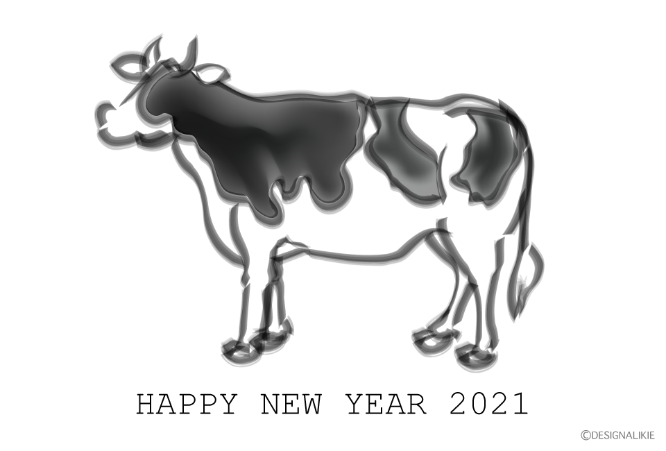 水墨画風の牛年賀状の無料イラスト素材 イラストイメージ