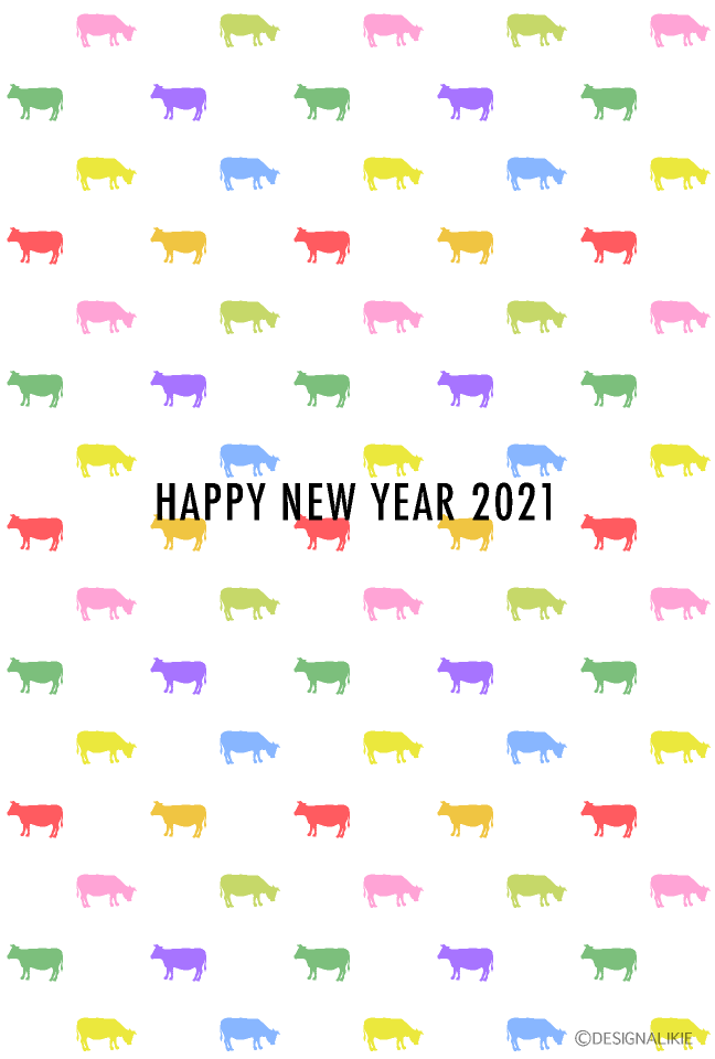 カラフル牛模様の年賀状の無料イラスト素材 イラストイメージ