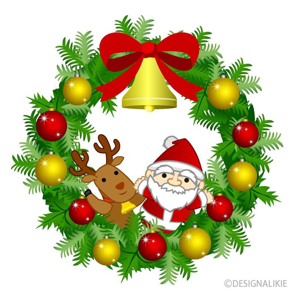 クリスマスリースとミニサンタイラストのフリー素材 イラストイメージ