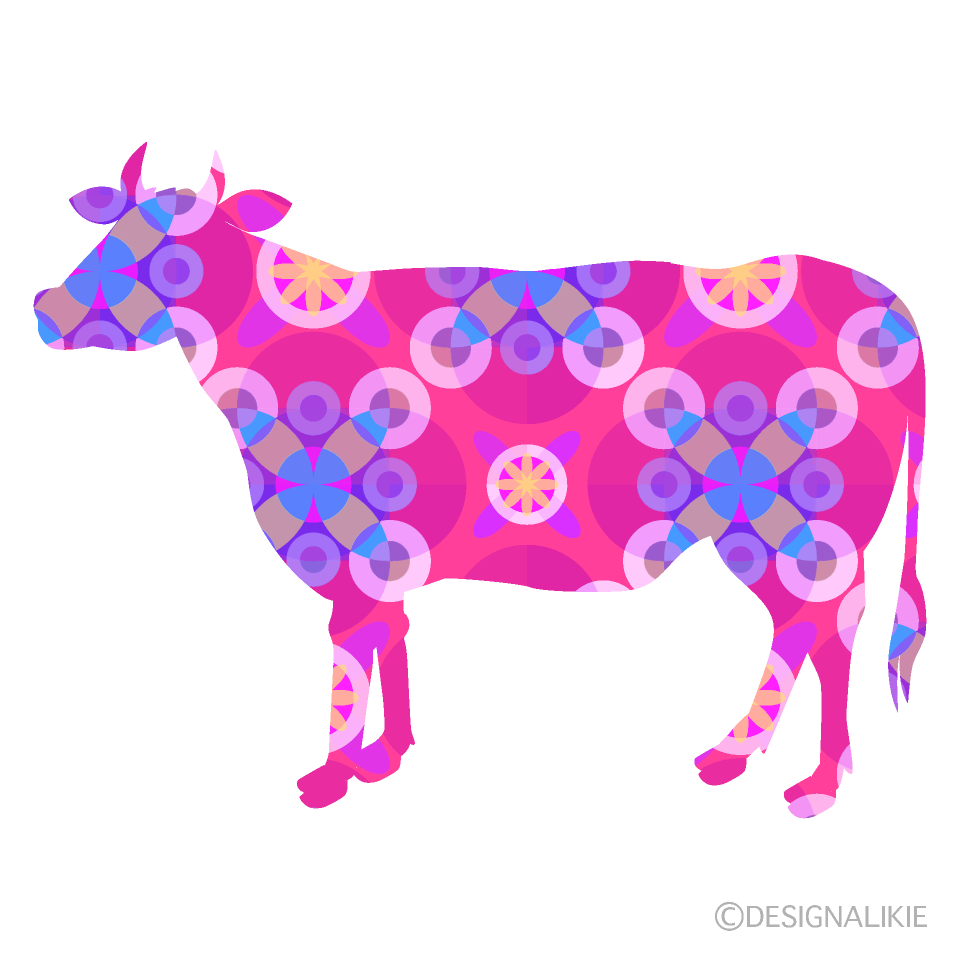 ピンク和柄の牛シルエット