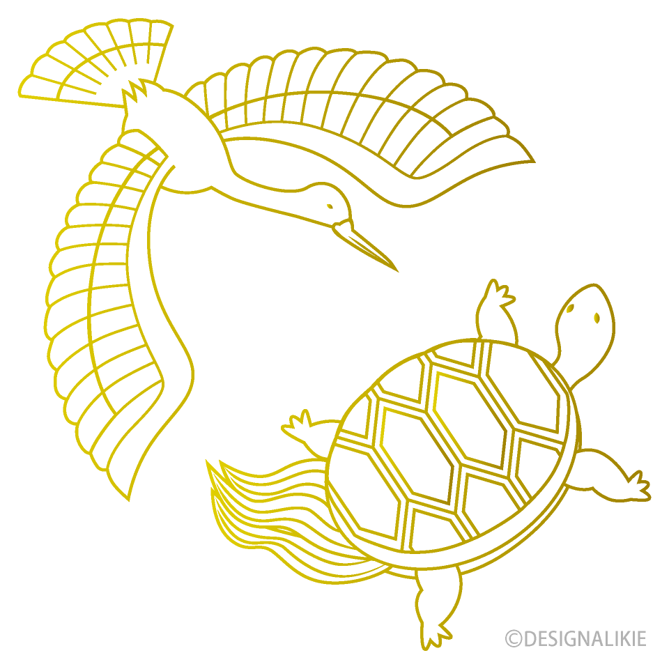 金色の線画鶴亀イラストのフリー素材 イラストイメージ