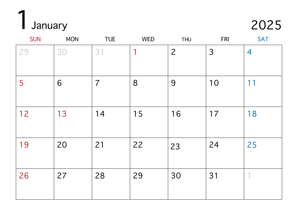 2025年1月カレンダー